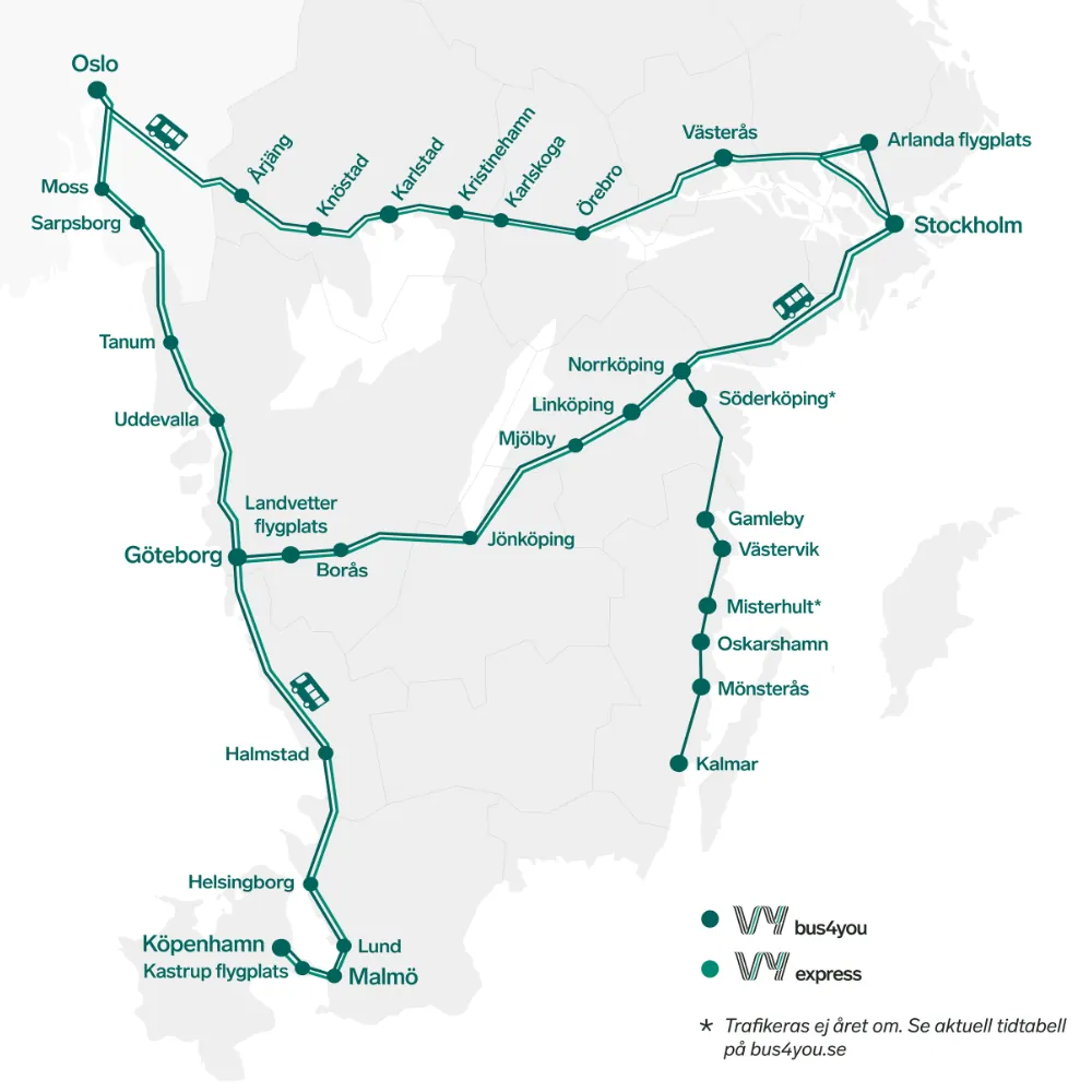 Linjekarta över Vy Bus4yous och Vy express linjer mellan Oslo, Göteborg, Köpenhamn, Stockholm och Kalmar